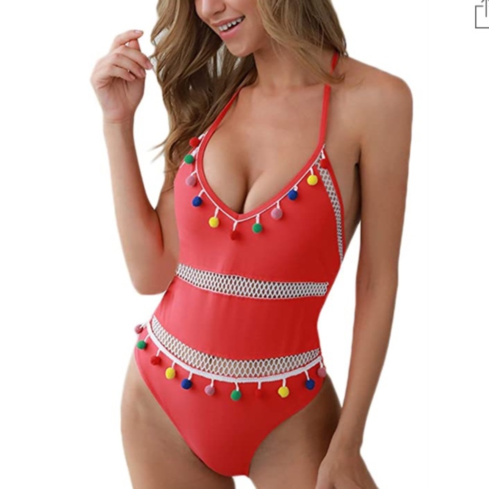🆕Red MultiColored PomPom Monokini Swimsuit